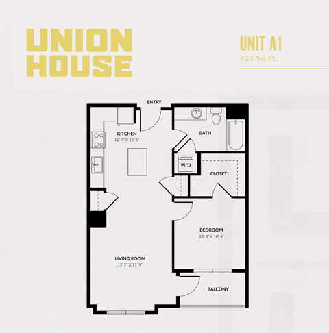 Floor plan for 1 bed, 1 bath, 723 sqft